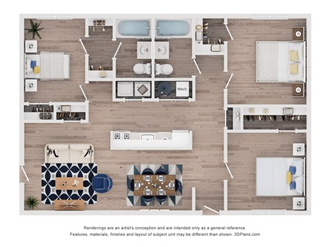 A floor plan of a house with a kitchen, living room, dining room, and bathrooms.